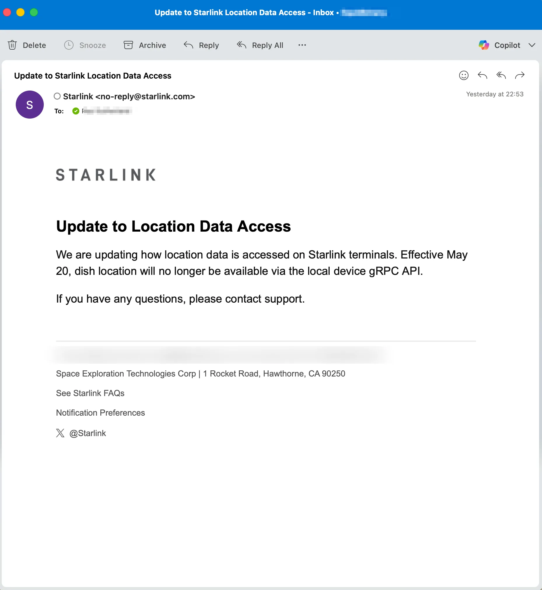Starlink email: Update to Location Data Access